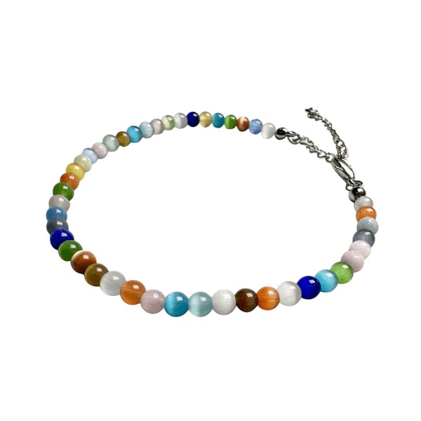 Colorful Cat's Eye Beaded Bracelet - Adjustable Silver Tone Chain