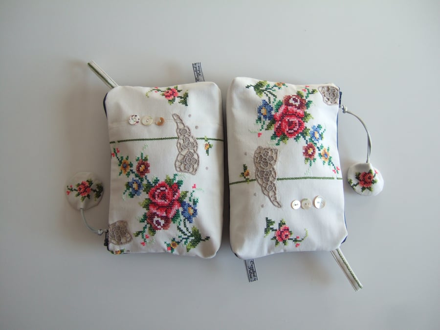 Vintage roses embroidery clutch or make up bag.Present for Mum.