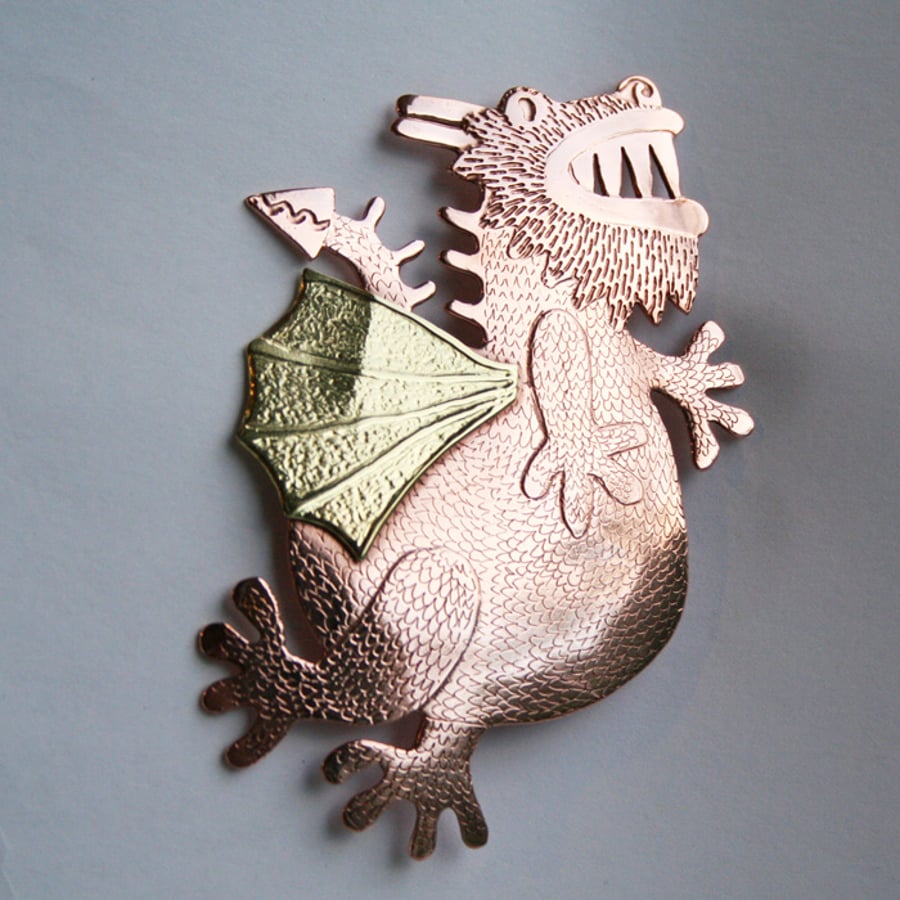 dragon brooch, rampant copper and brass dragon