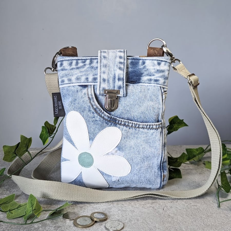 Denim Bag Pale Wash Recycled Denim Cross Body Bag with Daisy Motif 