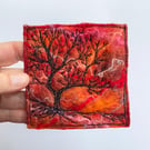 Tree silhouette with sunrise, original wet felting artwork.