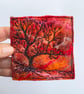 Tree silhouette with sunrise, original wet felting artwork.