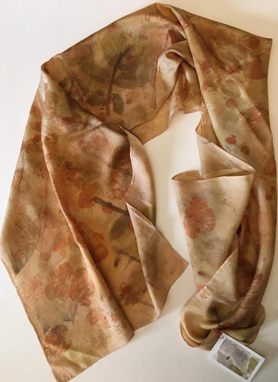 Hand dyed botanical eco printed silk scarf