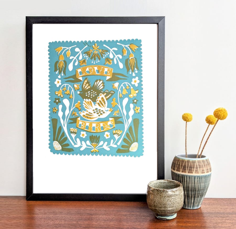 Love Birds in Teal and Mustard - A3