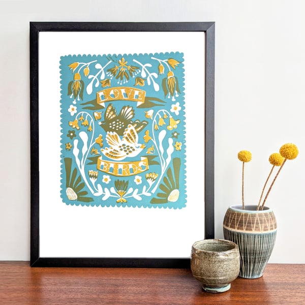 Love Birds in Teal and Mustard - A3