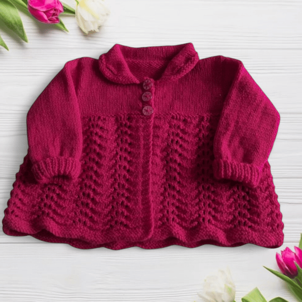 Red baby cardigan, hand knitted, vintage style, baby shower gift, 0-3 Months 