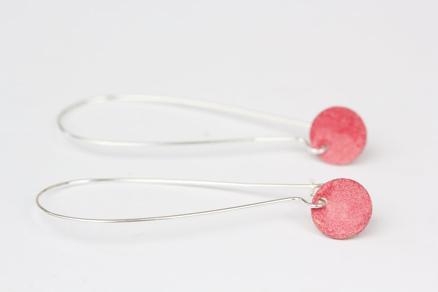Long drop sterling silver earrings with red disc