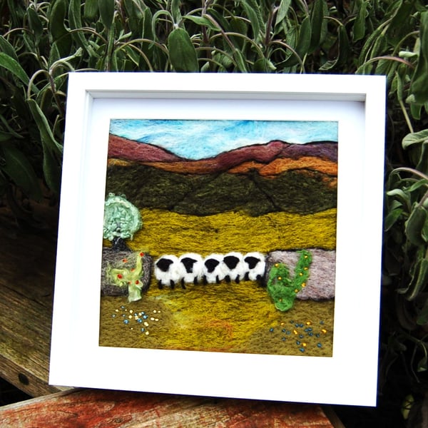 Five sheep stonewall wool painting.  Needlefelt picture with hand embroidery