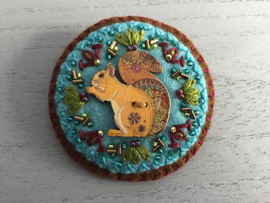 Hand Embroidered Squirrel Button Brooch