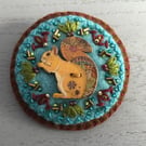 Hand Embroidered Squirrel Button Brooch