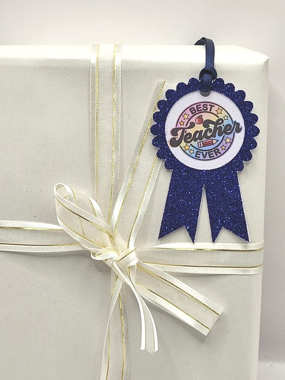 Teacher Rosette Gift Tag, Blue Glitter Appreciation Decor, Thank You Gift Tag