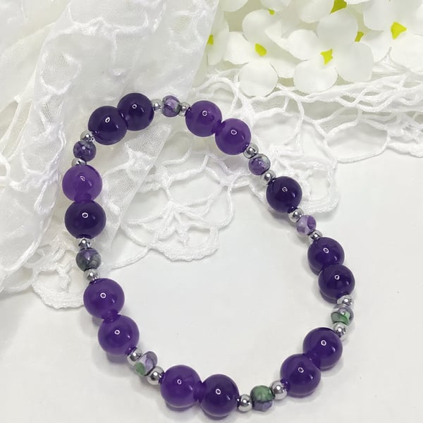 Rain Flower Agate & Amethyst Bracelet