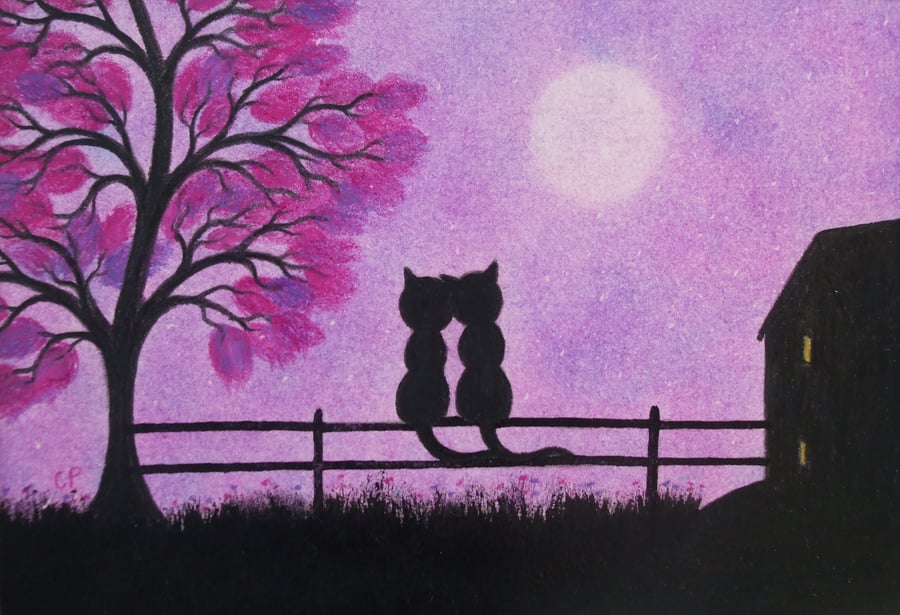 Cat Card, Romantic wedding Card, Black Cats Valentine Card, Love Purple Cat Card