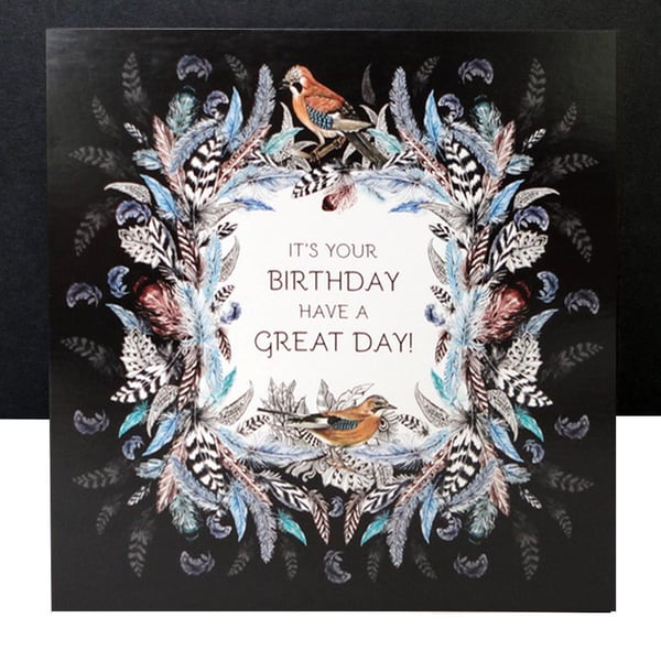 Happy Birthday - Jay’s Nest of Feathers Hand Painted Card