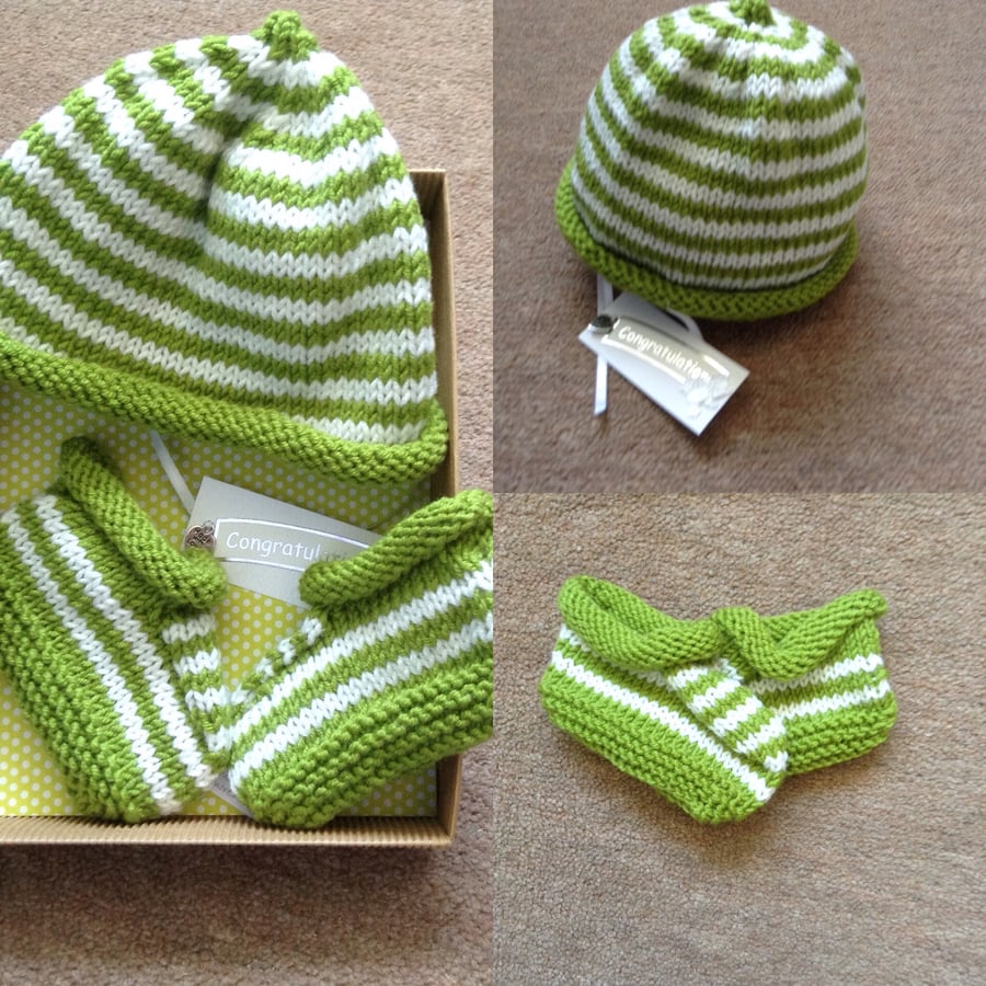 Hand Knitted Baby Hat & Booties Gift Set in Green and White Cashmerino