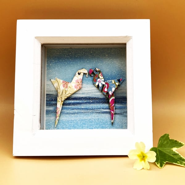 Hand folded Origami Parrots on a print background, OOAK picture, white box frame