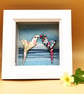Hand folded Origami Parrots on a print background, OOAK picture, white box frame