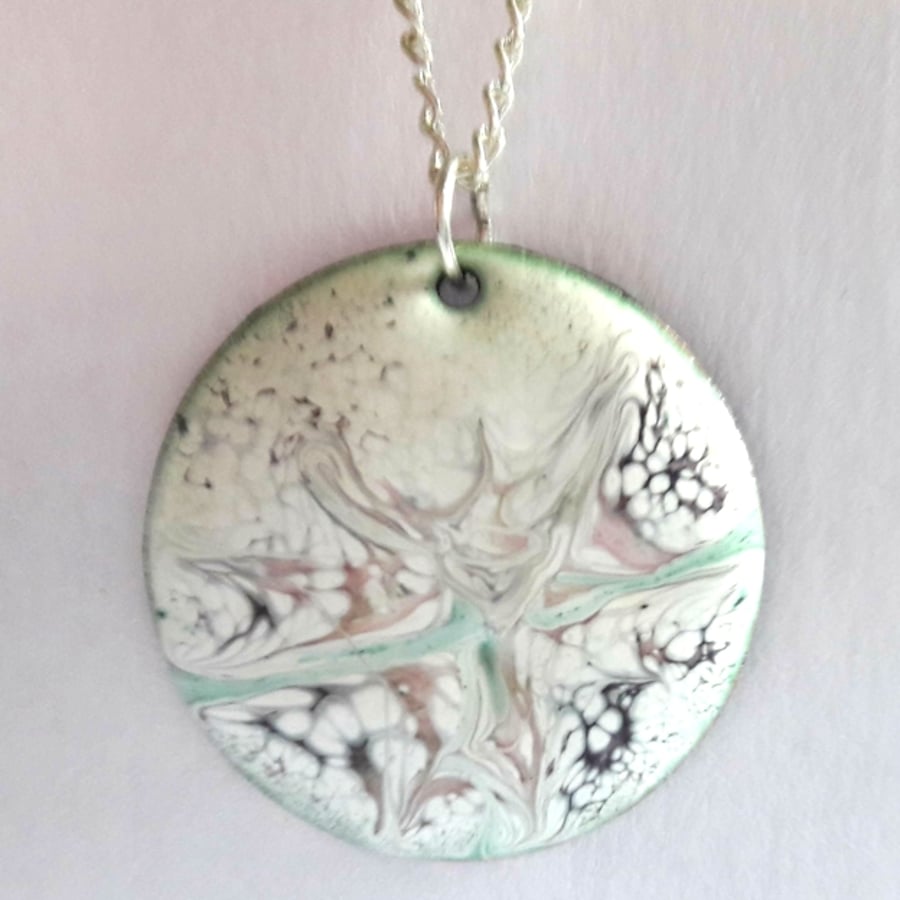 medium round pendant - pastel colours scrolled on white enamel