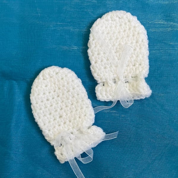 Crocheted White Baby Mittens Hand Warmers