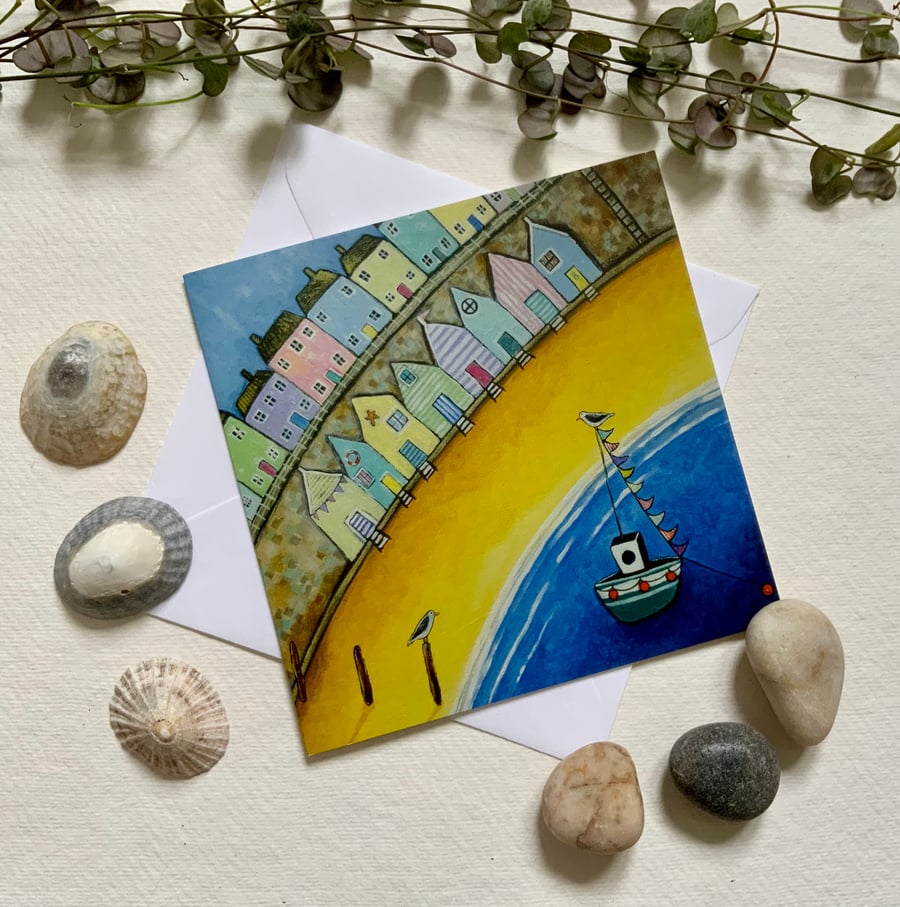 Harbour Beach Huts, Blank Greetings Card
