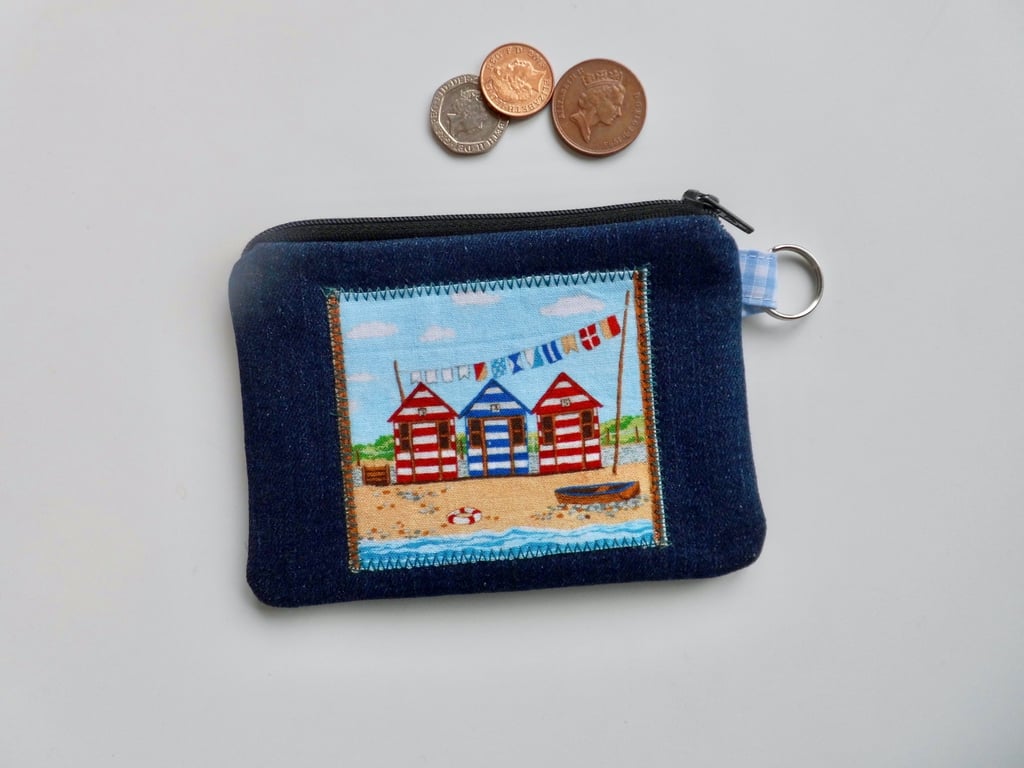 Coin purse with beach huts appliqué dark denim