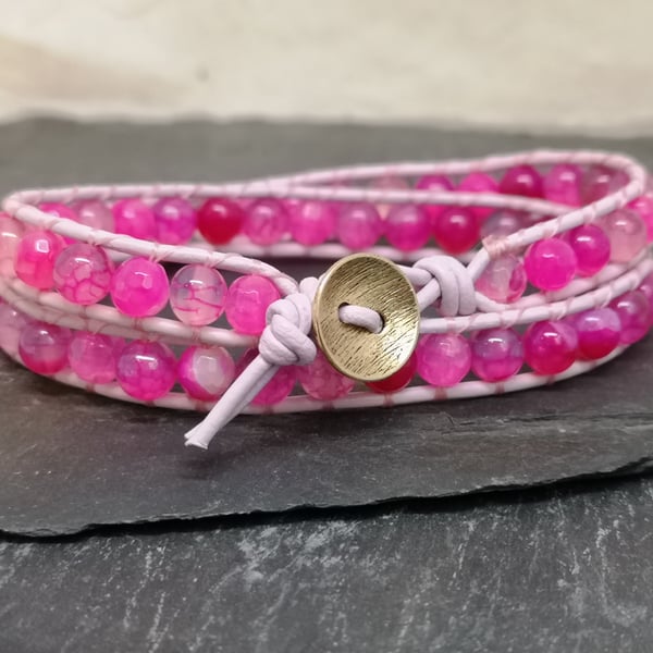 Pink agate semi precious bead and leather double wrap bracelet 