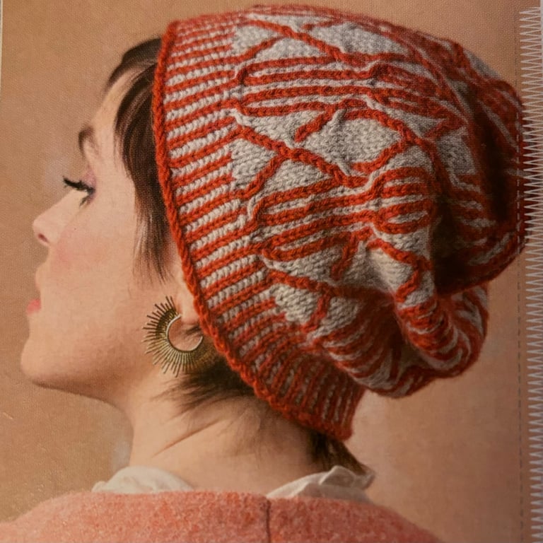 Knitting pattern for cables and stranded beanie hat in DK yarn