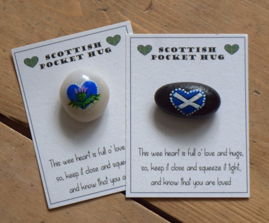 Scottish pocket hug with poem & hand painted thistle or saltire inside a heart
