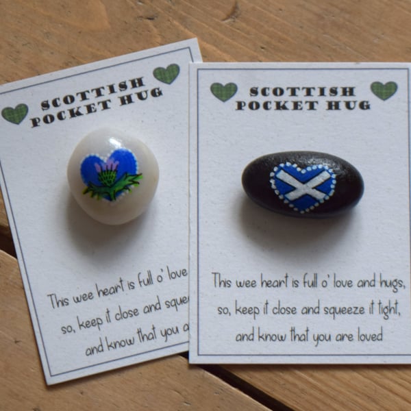 Scottish pocket hug with poem & hand painted thistle or saltire inside a heart