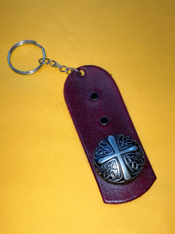 Red dyed Leather Keyring on chain with 2 Black Gemstones & Decorative Cross