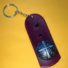 Red dyed Leather Keyring on chain with 2 Black Gemstones & Decorative Cross