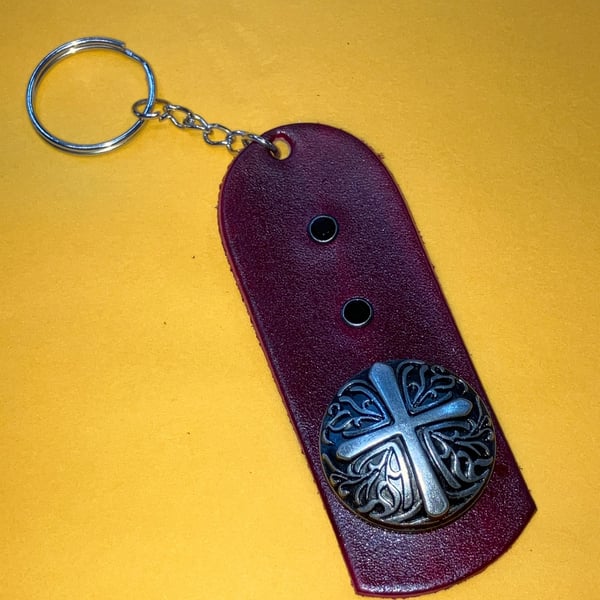 Red dyed Leather Keyring on chain with 2 Black Gemstones & Decorative Cross