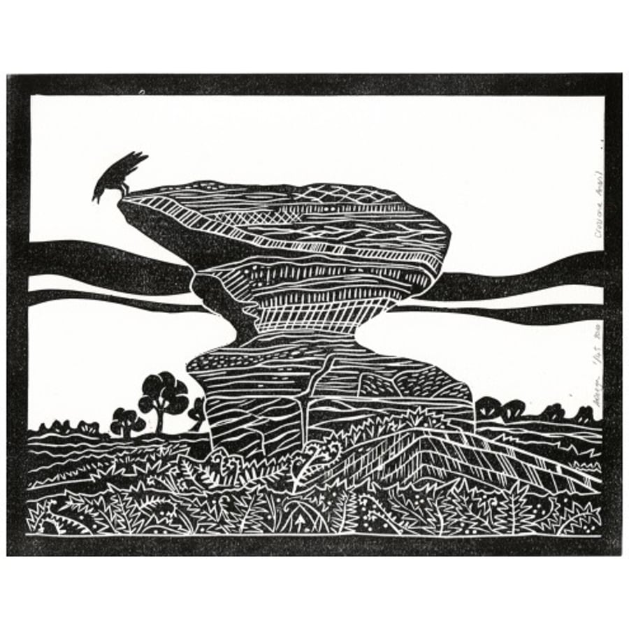 LINO PRINT Crow and Anvil Brimham Rocks geology