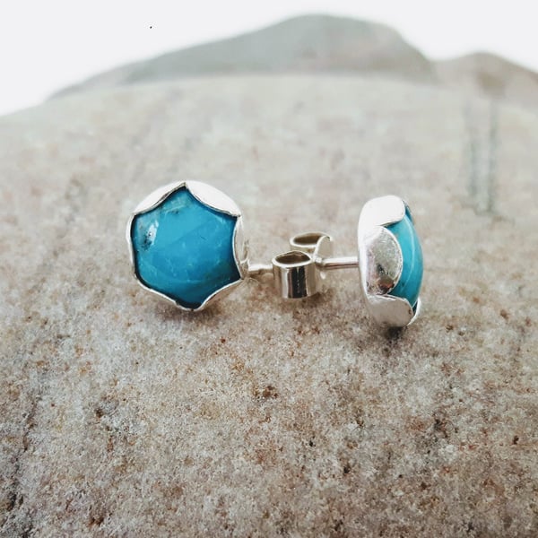 Turquoise and Silver Stud Earrings, 8mm, in Petal Setting