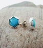 Turquoise and Silver Stud Earrings, 8mm, in Petal Setting - Image 1