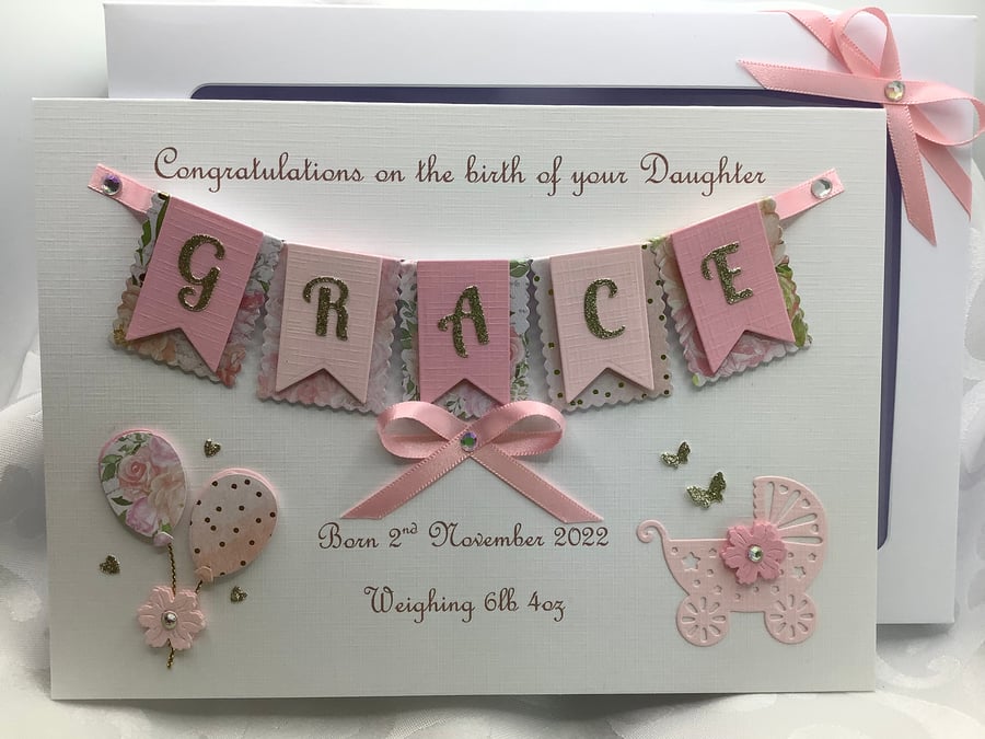 Personalised Handmade New Baby Girl Card Gift Boxed Keepsake 