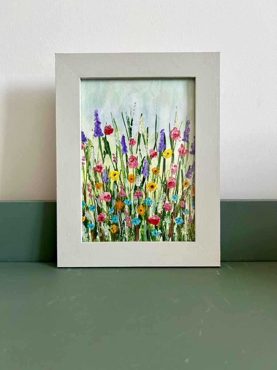 Summer Wildflowers Palette Knife Painting in Upcycled Wooden Frame