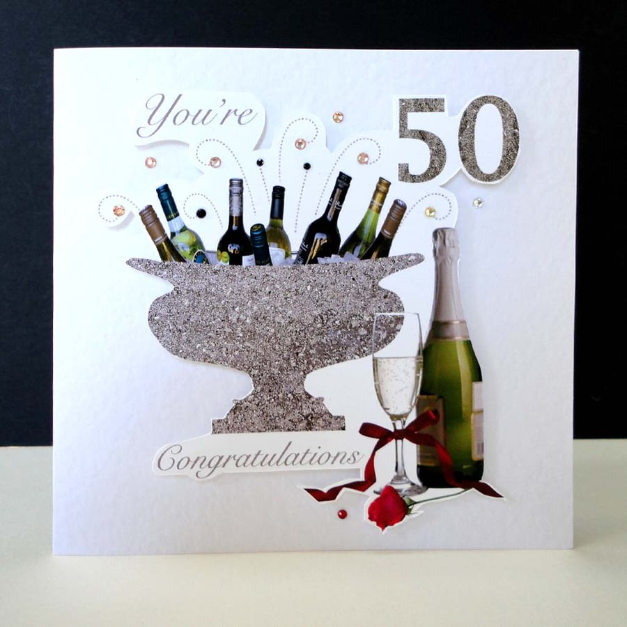 Celebration Bottles & Red Rose 50th Birthday Card