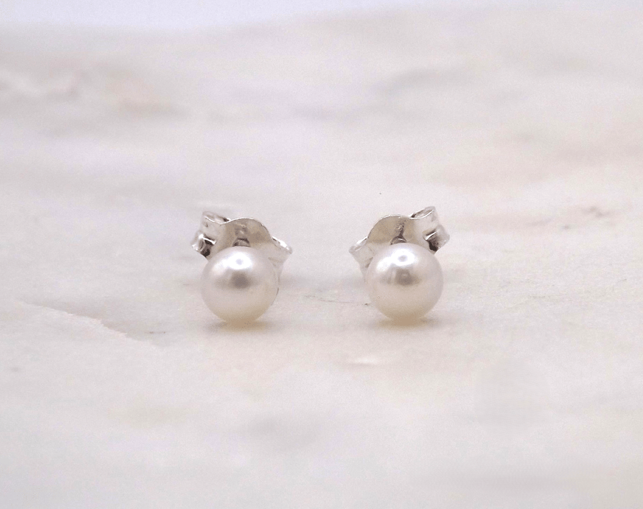 Saltwater Akoya Pearl Cabochon 4mm Gemstones Sterling Silver Stud Earrings.
