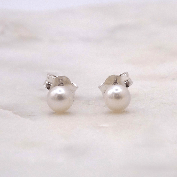 Saltwater Akoya Pearl Cabochon 4mm Gemstones Sterling Silver Stud Earrings.