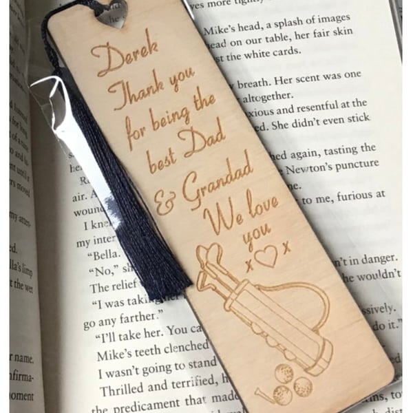 Personalised Golf bookmark, wooden laser engraved 