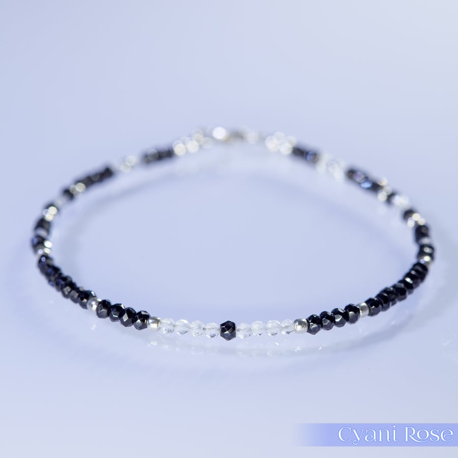Image of Black Spinel Sterling silver &  Rose Quartz dainty handmade beaded bracelet