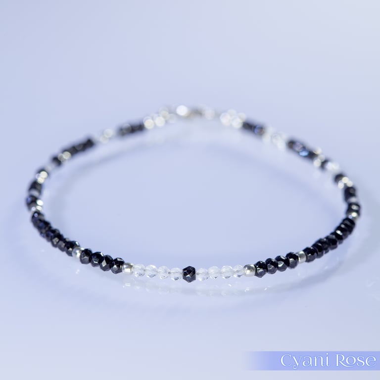 Black Spinel Sterling silver &  Rose Quartz dainty handmade beaded bracelet