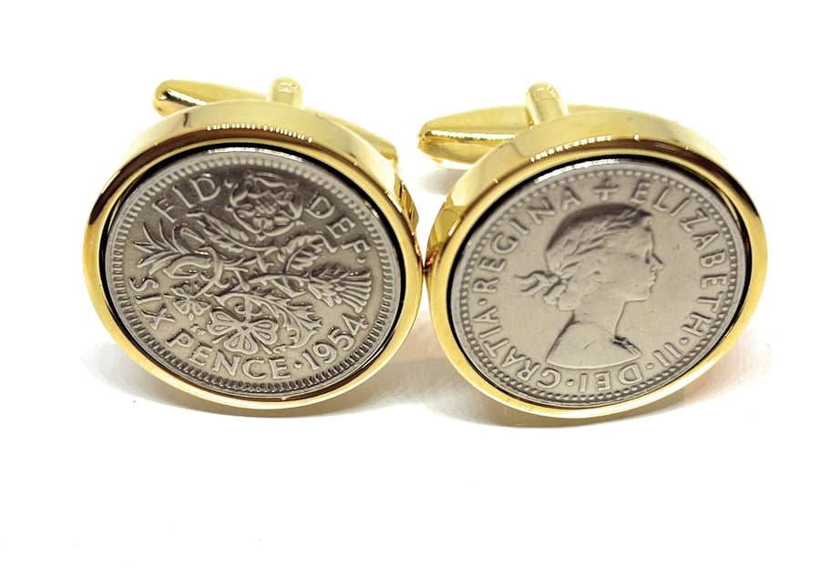 1954 Sixpence Coin Cufflinks Mens 70th Birthday Gift  Present GLD