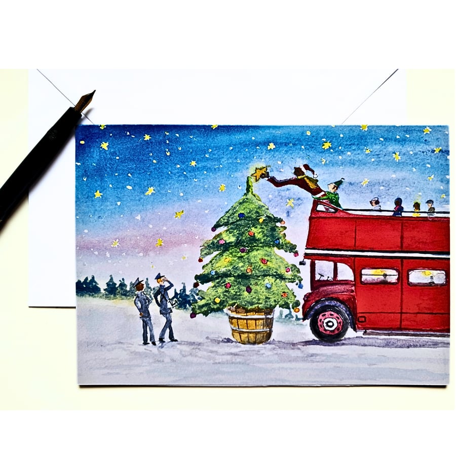 Christmas Themed London Bus and Christmas Tree Card A5 size