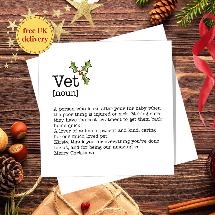 Vet Definition Christmas Card, personalised, blank inside