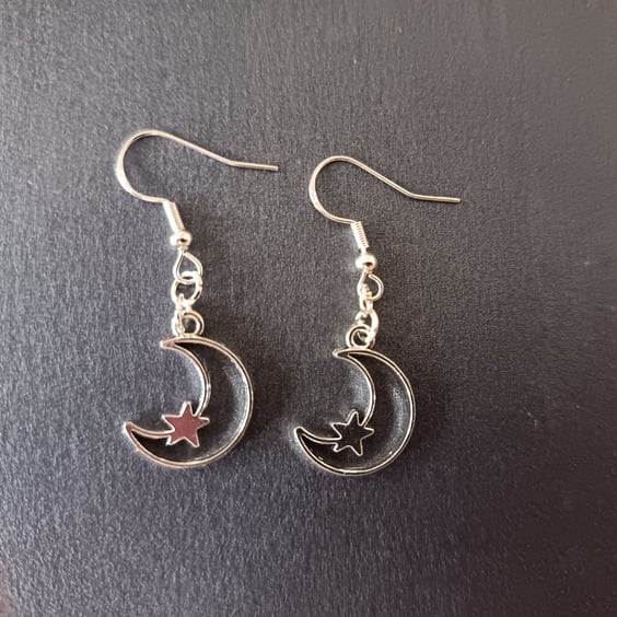 Handmade silver moon and star dangle earrings 
