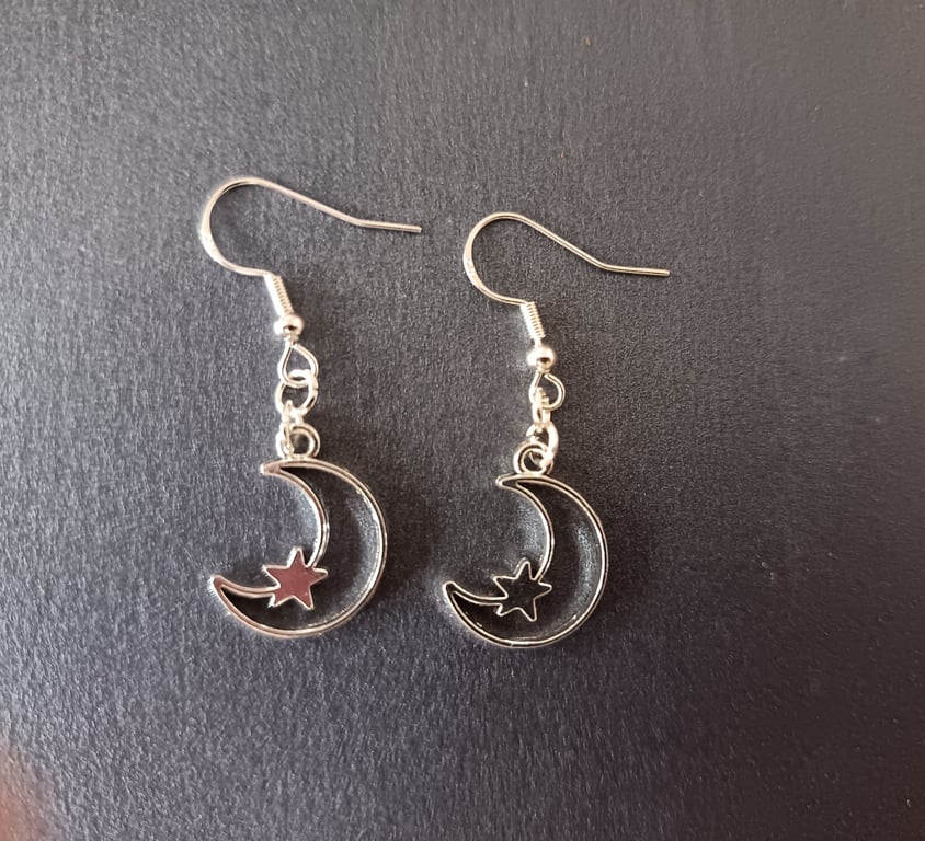 Handmade silver moon and star dangle earrings 