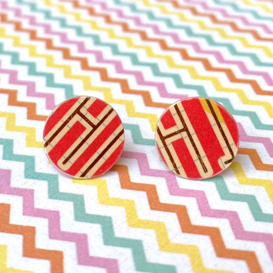 Recycled plastic graphic letter red and gold circle stud earrings