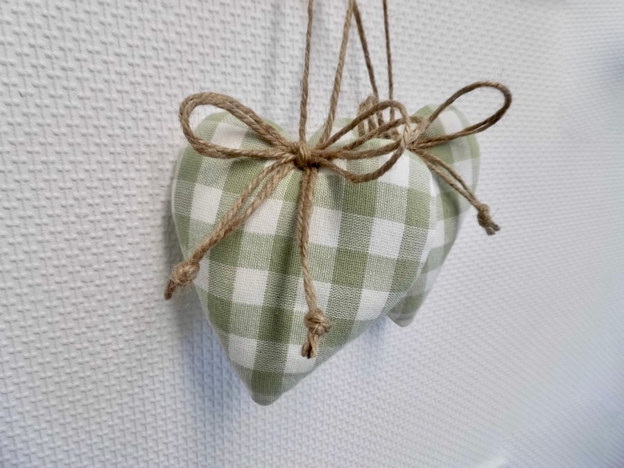 Pair hanging hearts Laura Ashley green check gingham